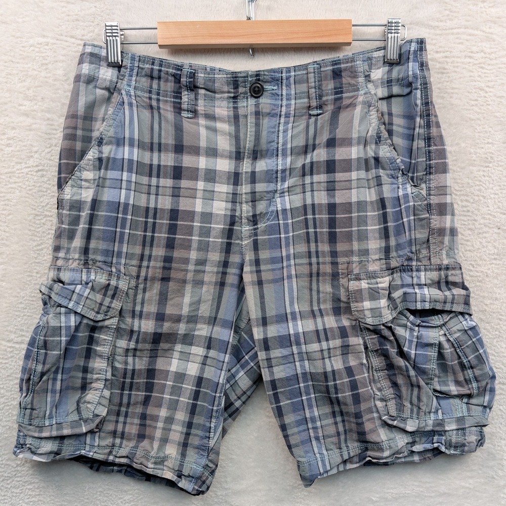 VTG Sonoma Cargo Shorts Men's 33 Blue Gray Plaid 9.5" Relaxed Fit Outdoor Y2K